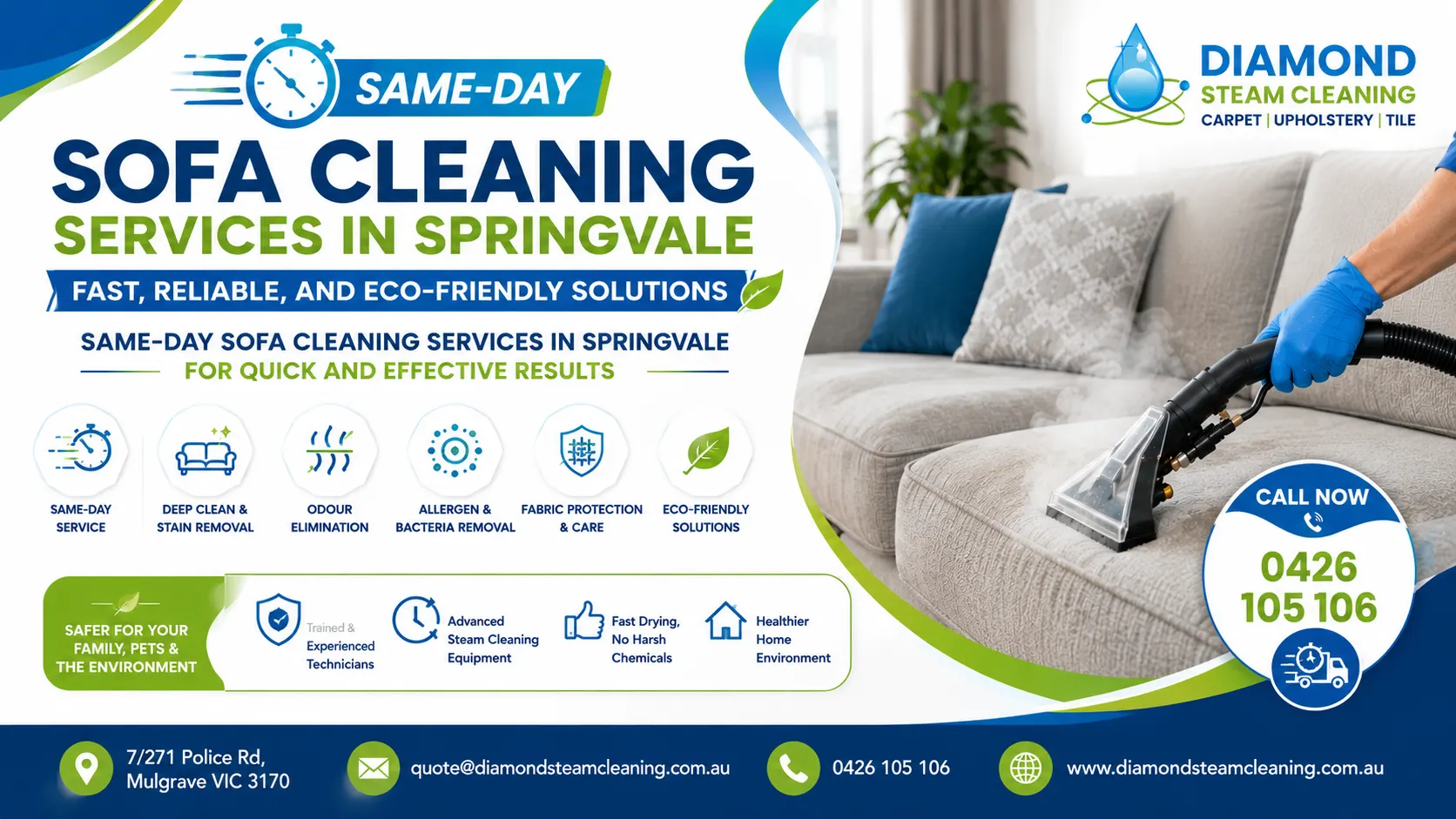 Same-Day Sofa Cleaning Services in Springvale: Fast, Reliable, and Eco-Friendly Solutions 1 Same-day sofa cleaning services in Springvale with eco-friendly steam upholstery cleaning and stain removal