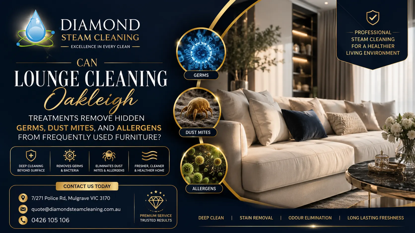 Can Lounge Cleaning Oakleigh Treatments Remove Hidden Germs, Dust Mites, and Allergens From Frequently Used Furniture? 1 Luxury lounge steam cleaning service in Oakleigh removing germs, dust mites and allergens from upholstered furniture by Diamond Steam Cleaning