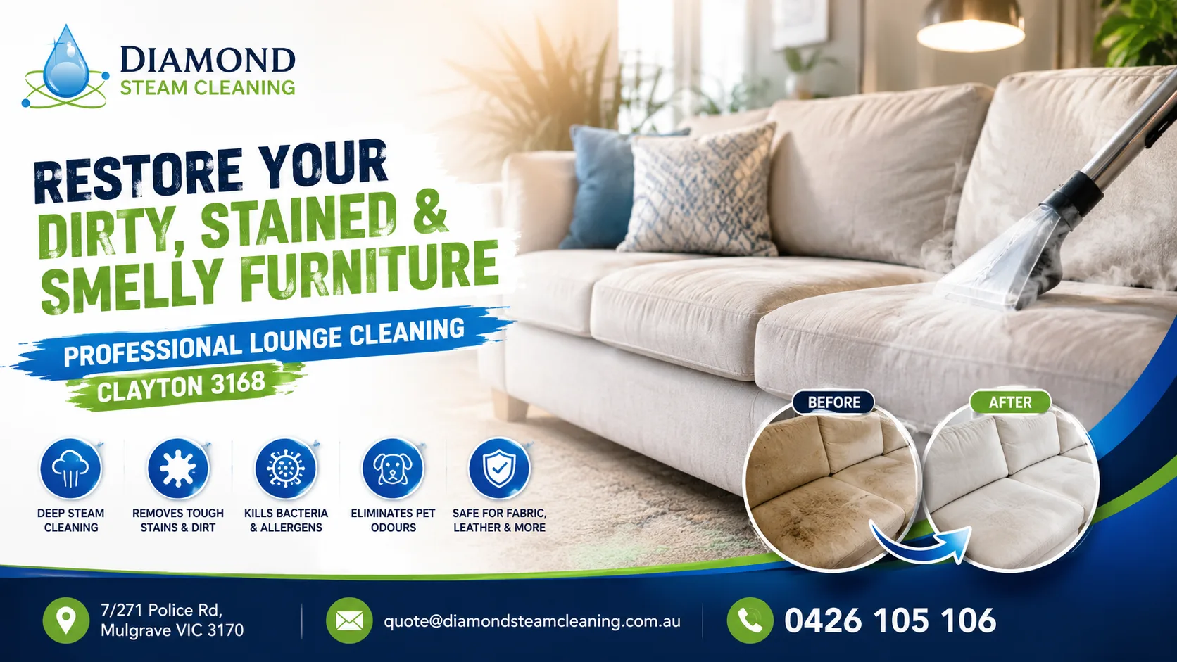 Restore Your Dirty, Stained, and Smelly Furniture with Professional Lounge Cleaning Clayton 3168 – Deep Steam Cleaning for Fabric, Leather, Recliners, Sofas, and Upholstery to Remove Tough Stains, Dust, Allergens, Pet Odours, and Bacteria from Homes and Offices 1 Professional lounge cleaning in Clayton 3168 with deep steam cleaning for sofas, recliners, fabric and leather upholstery by Diamond Steam Cleaning