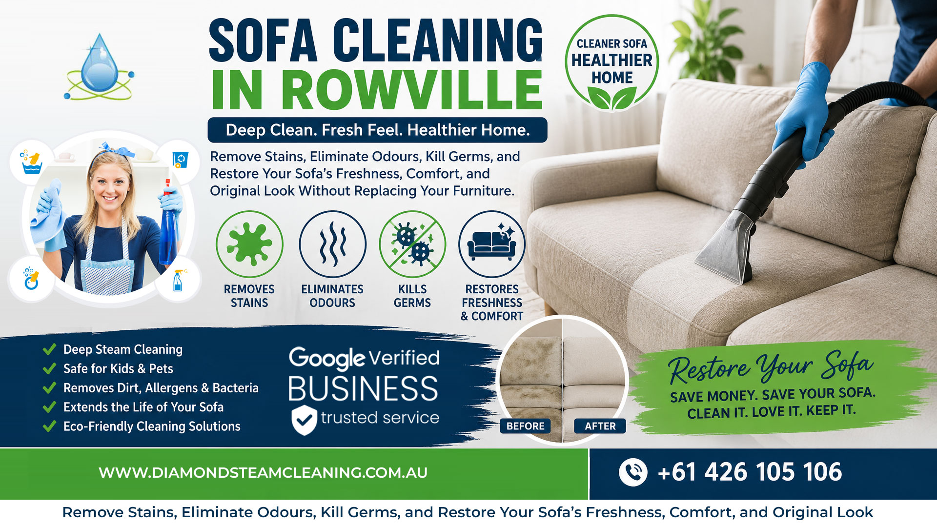 Sofa Cleaning in Rowville: Remove Stains, Eliminate Odours, Kill Germs, and Restore Your Sofa’s Freshness, Comfort, and Original Look Without Replacing Your Furniture 1 Professional sofa steam cleaning service in Rowville removing stains, odours, germs, and dirt from upholstered furniture.