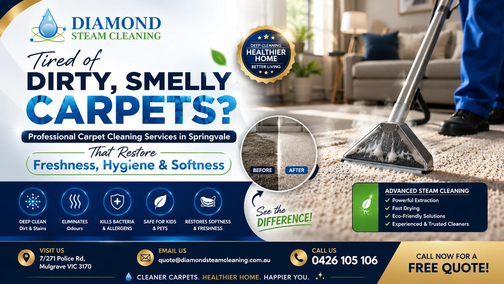 Tired of Dirty, Smelly Carpets? Professional Carpet Cleaning Services in Springvale That Restore Freshness, Hygiene & Softness 1 Professional Carpet Cleaning Services in Springvale restoring freshness hygiene and softness by removing stains pet odours bacteria and deep carpet dirt