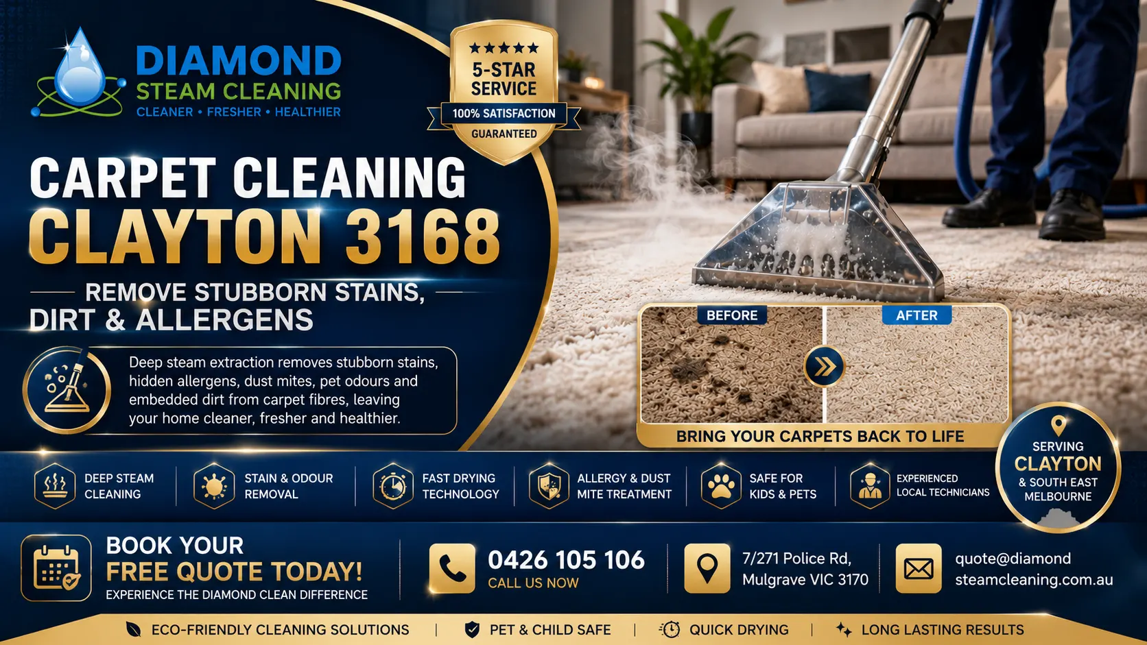 Is Carpet Cleaning Clayton 3168 the Solution to Stubborn Carpet Stains and Embedded Dirt Making Your Home Look Untidy? 1 Professional Carpet Cleaning Clayton 3168 service removing stubborn carpet stains, embedded dirt, allergens, and pet odours using advanced steam cleaning equipment by Diamond Steam Cleaning.