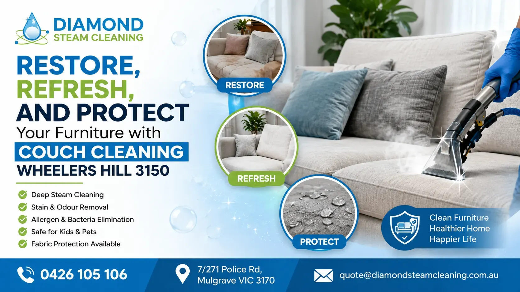 Expert Couch Cleaning Services in Malvern for Removing Embedded Dirt, Bacteria & Unpleasant Upholstery Odours 1 Expert Couch Cleaning Services in Malvern by Diamond Steam Cleaning removing embedded dirt, bacteria, allergens and unpleasant upholstery odours using professional steam cleaning technology.