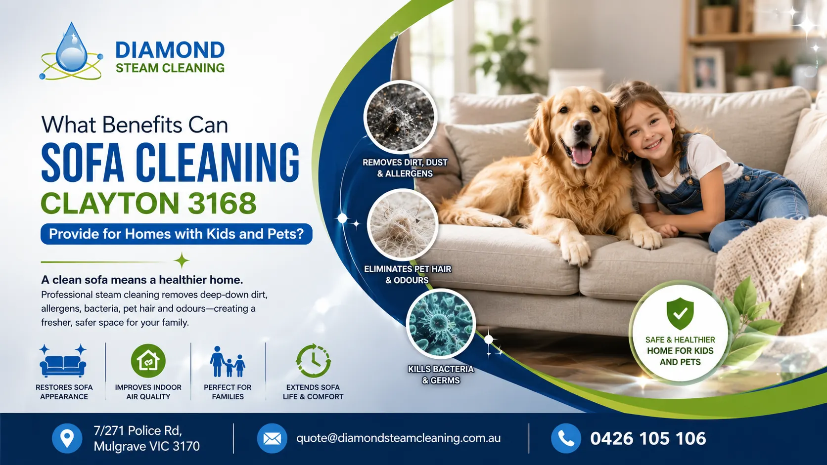 What Benefits Can Sofa Cleaning Clayton 3168 Provide for Homes with Kids and Pets? 1 Professional Sofa Cleaning Clayton 3168 by Diamond Steam Cleaning removing stains, pet hair, allergens, bacteria, and odours from a family sofa in a home with kids and pets.