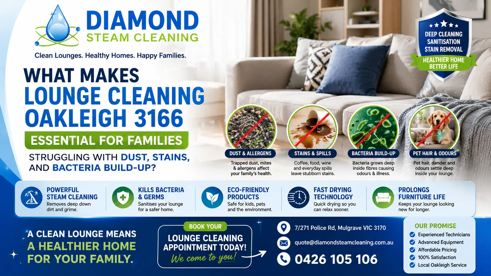 What Makes Lounge Cleaning Oakleigh 3166 Essential for Families Struggling With Dust, Stains, and Bacteria Build-Up? 1 Professional Lounge Cleaning Oakleigh 3166 removing dust, stains, pet hair, allergens and bacteria from sofas and lounges for healthier family homes by Diamond Steam Cleaning.