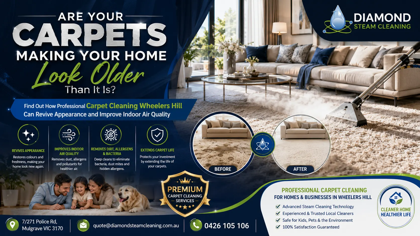 Are Your Carpets Making Your Home Look Older Than It Is? Find Out How Professional Carpet Cleaning Wheelers Hill Can Revive Appearance and Improve Indoor Air Quality 1 Professional Carpet Cleaning Wheelers Hill by Diamond Steam Cleaning using advanced steam cleaning to restore carpets, remove stains, improve indoor air quality, and refresh homes in Wheelers Hill VIC 3150.