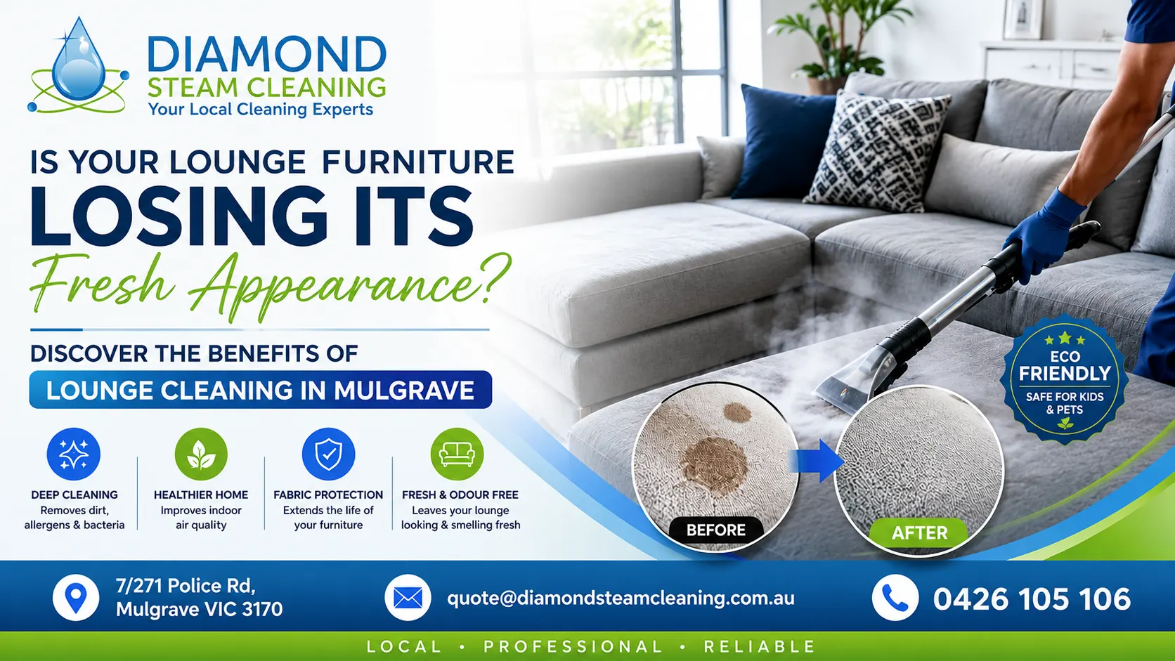 Is Your Lounge Furniture Losing Its Fresh Appearance? Discover the Benefits of Lounge Cleaning in Mulgrave 1 Professional Lounge Cleaning in Mulgrave by Diamond Steam Cleaning using advanced steam cleaning equipment to remove stains, dirt, allergens, and odours from lounge furniture.